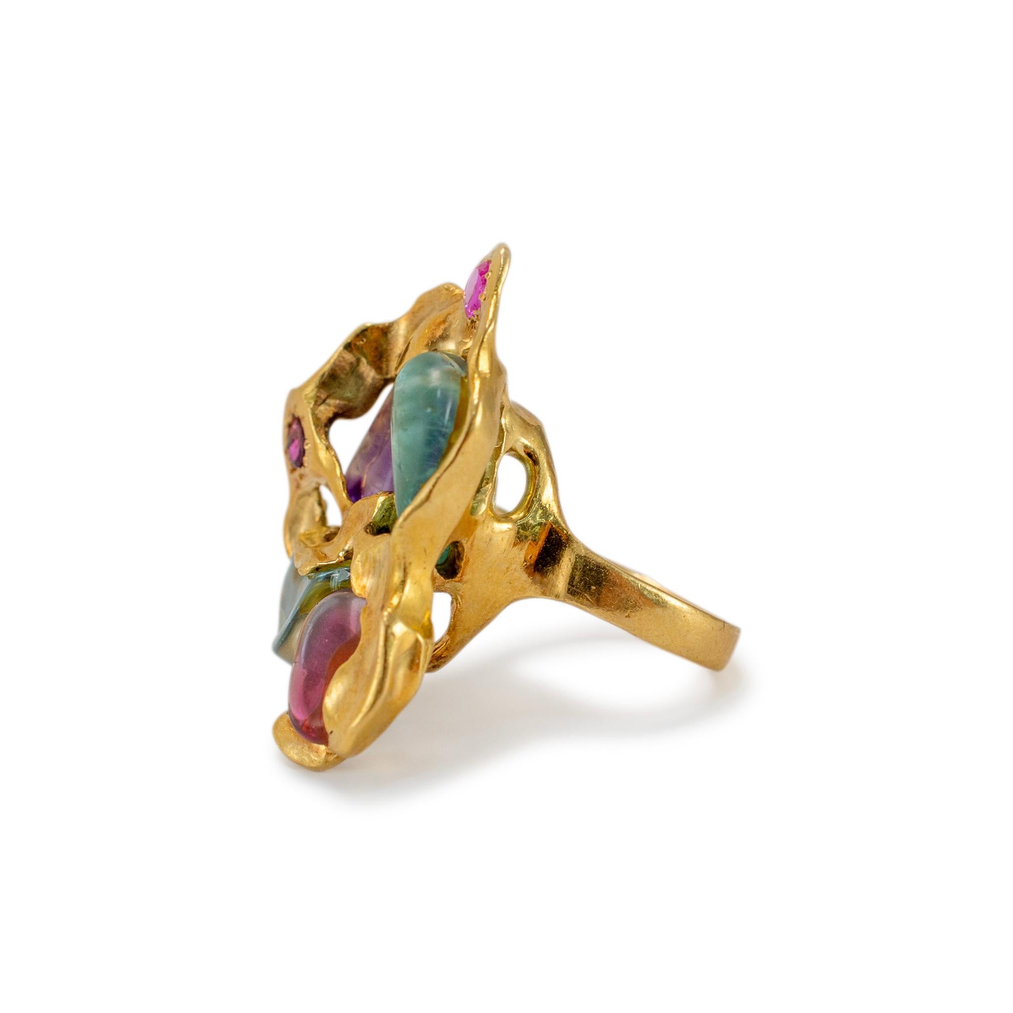 Anillo de cóctel vintage de oro amarillo de 18 quilates con rubí en bruto aguamarina granate amatista Corte redondo en venta