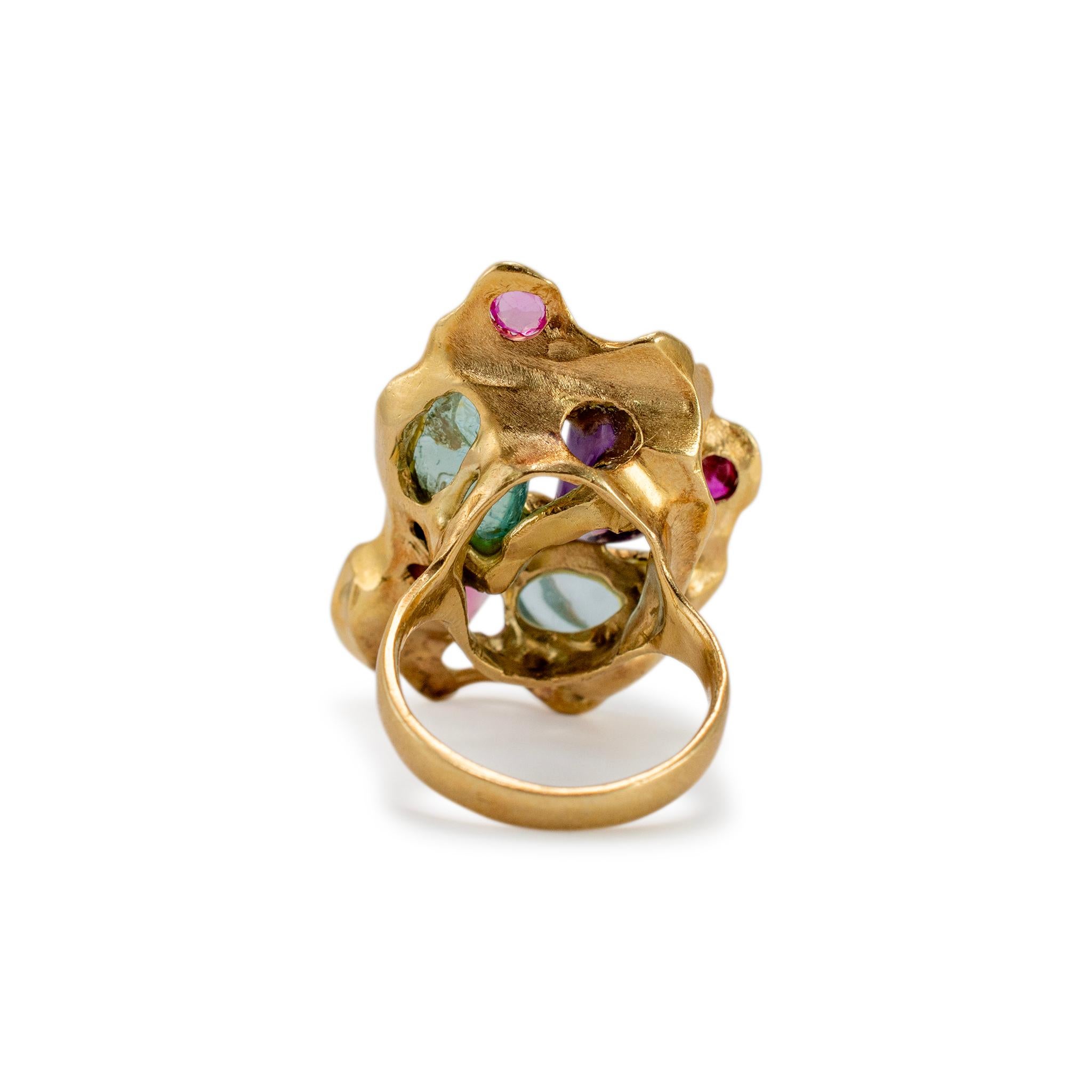 De las mujeres Anillo de cóctel vintage de oro amarillo de 18 quilates con rubí en bruto aguamarina granate amatista en venta