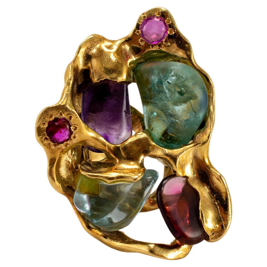 Vintage 18K Yellow Gold Ruby Rough Aqua Garnet Amethyst Cocktail Ring