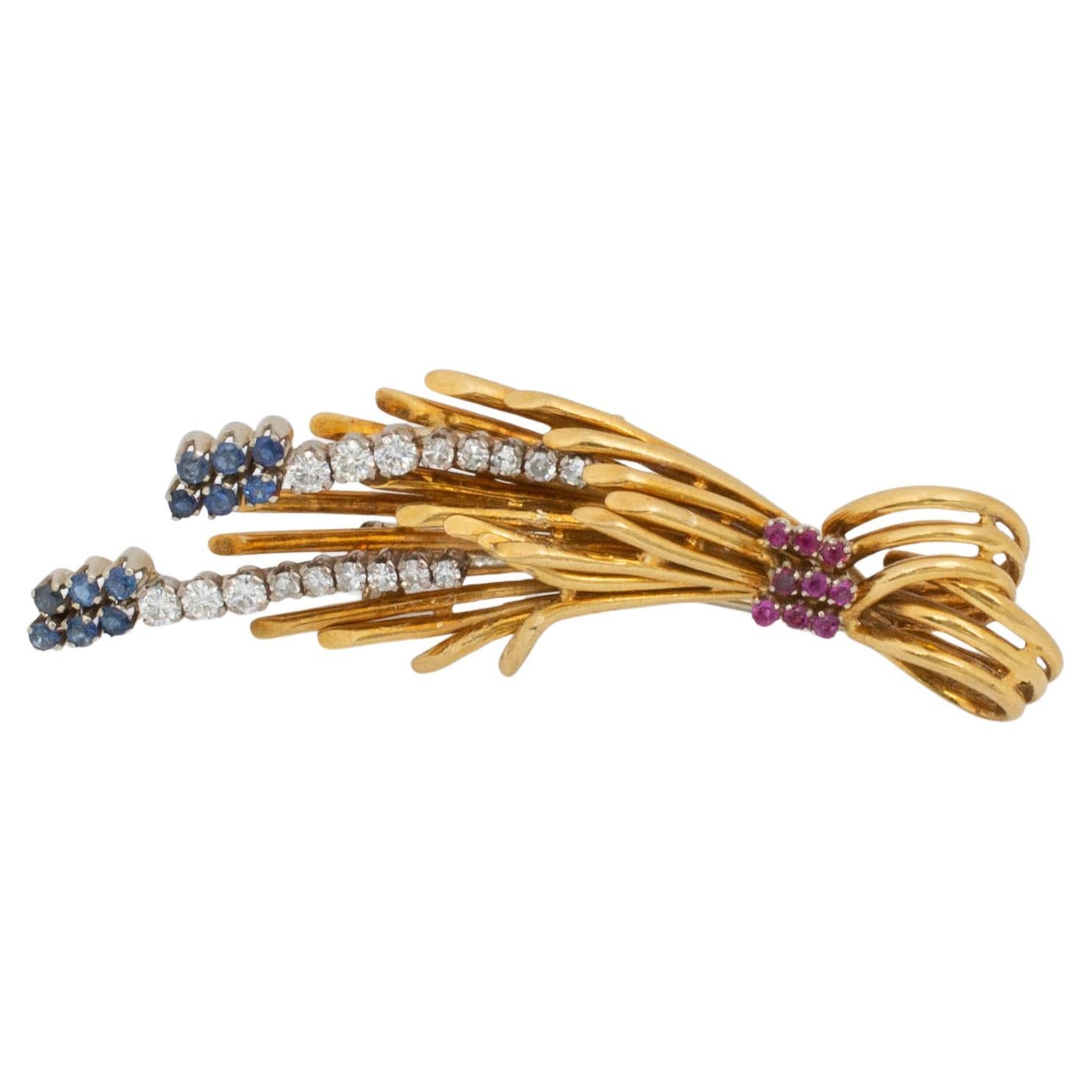 Vintage 18k Yellow Gold Ruby Sapphire and Diamond Pin Brooch