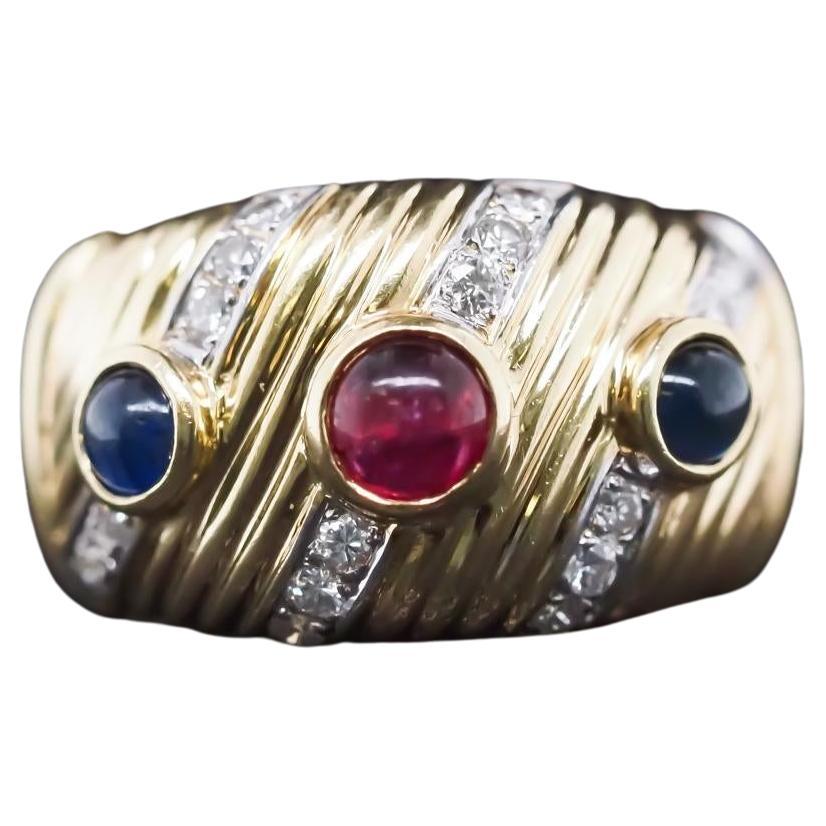 Vintage 18k Yellow Gold Ruby, Sapphire, and Diamond Ring