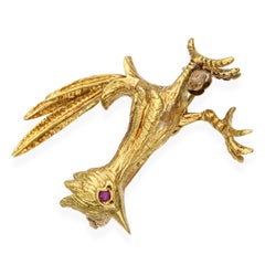 Vintage 18k Yellow Gold Ruby Struttin' Roadrunner Brooch