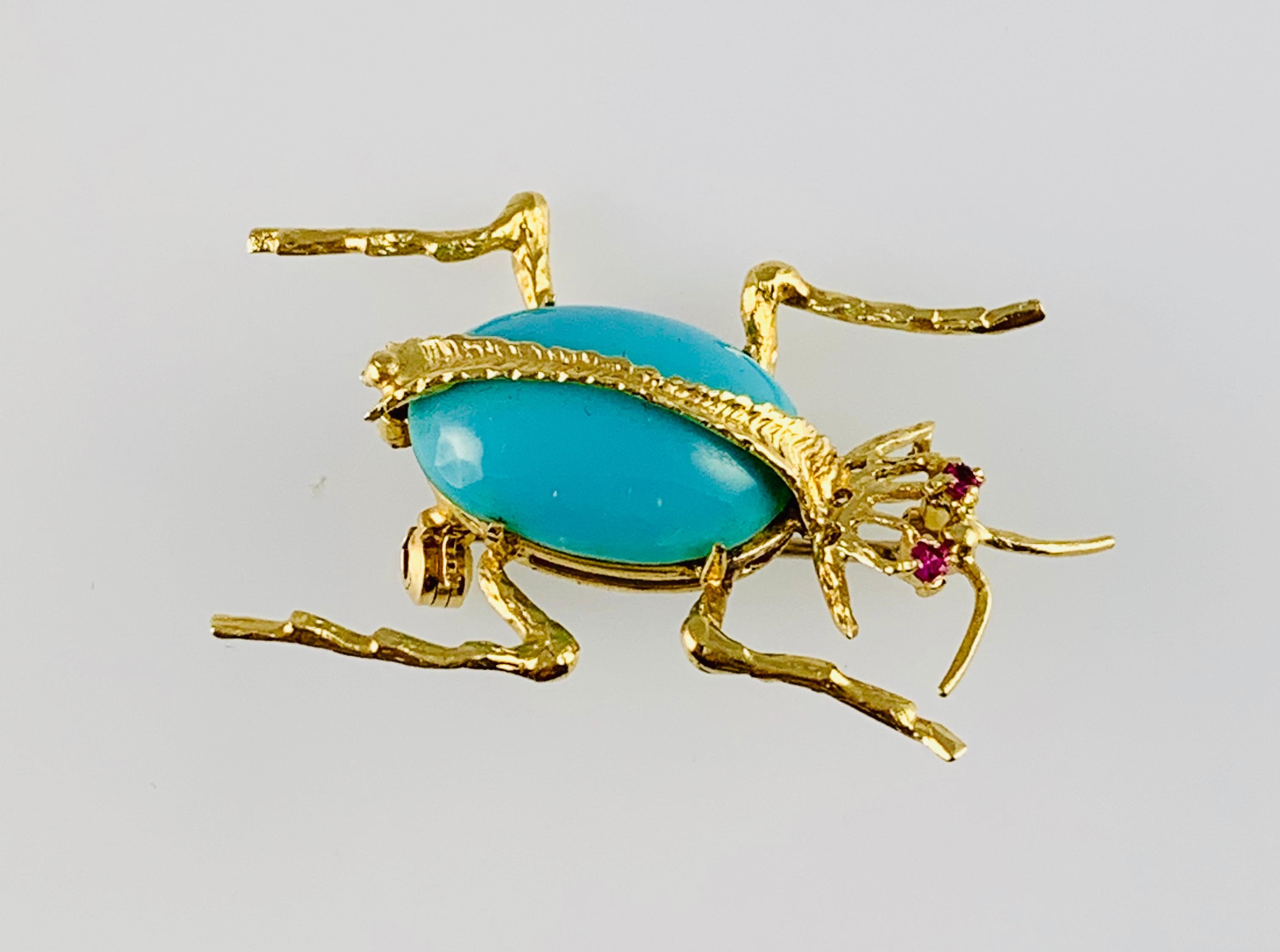 Oval Cut Vintage 18 Karat Yellow Gold Ruby and Turquoise Beetle Brooch or Pin