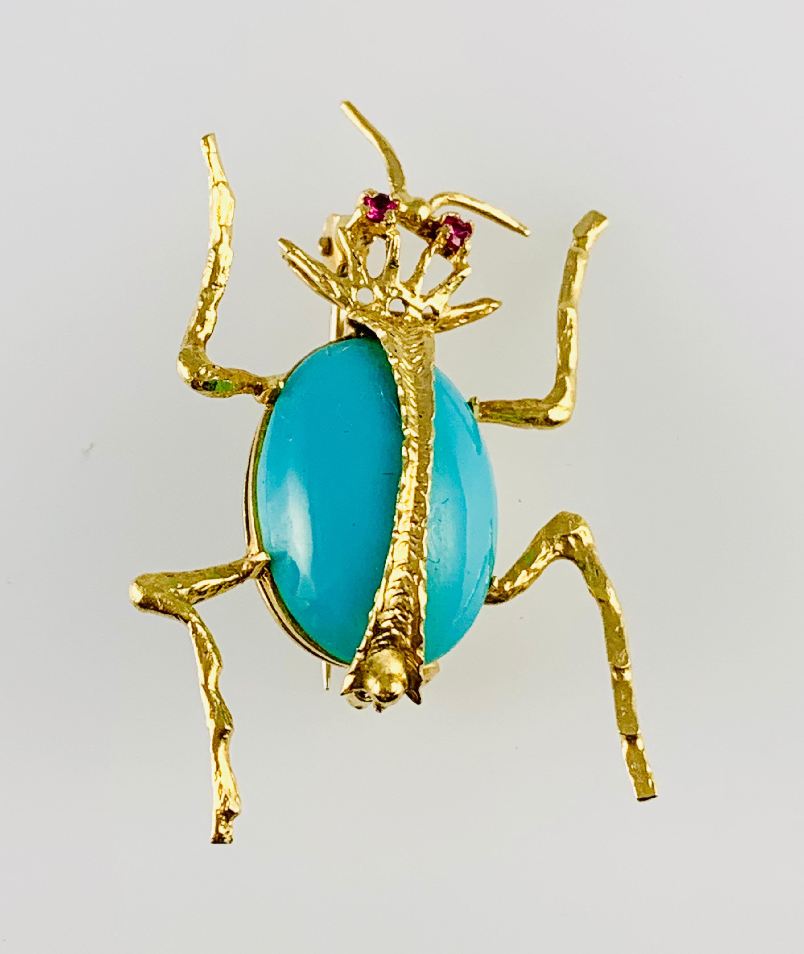 Vintage 18 Karat Yellow Gold Ruby and Turquoise Beetle Brooch or Pin In Excellent Condition In Birmingham, AL