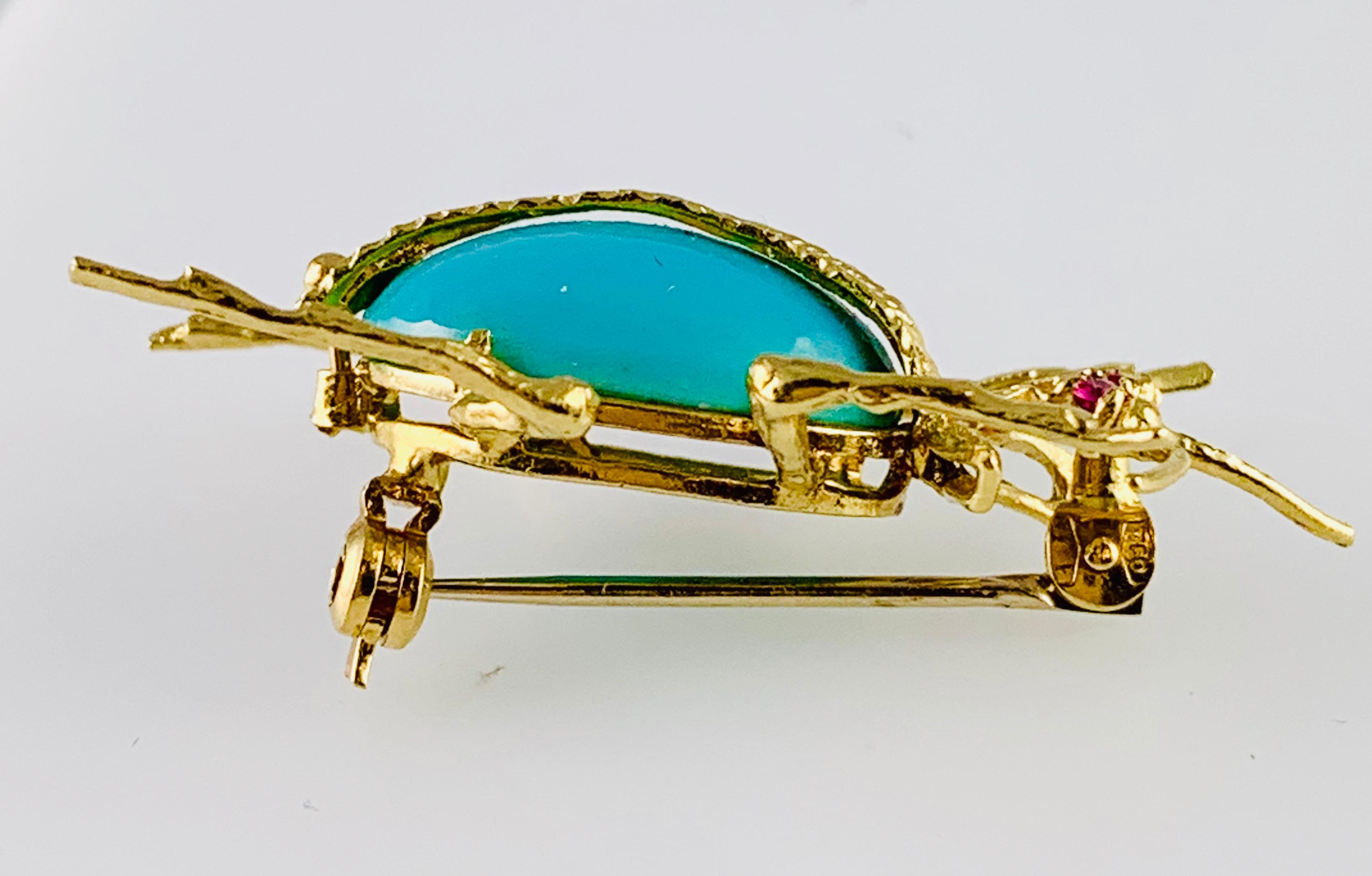 Women's or Men's Vintage 18 Karat Yellow Gold Ruby and Turquoise Beetle Brooch or Pin