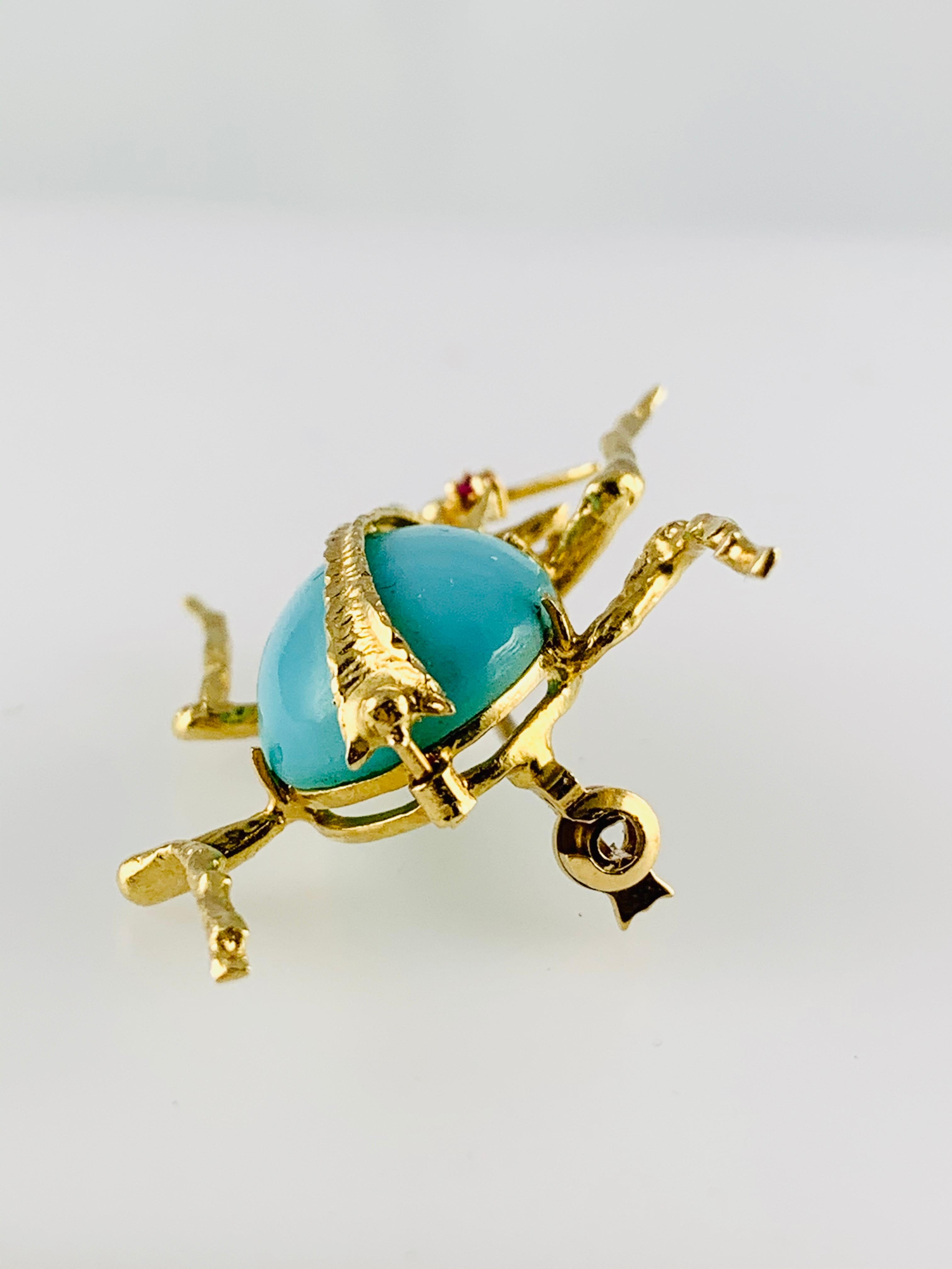 Vintage 18 Karat Yellow Gold Ruby and Turquoise Beetle Brooch or Pin 1