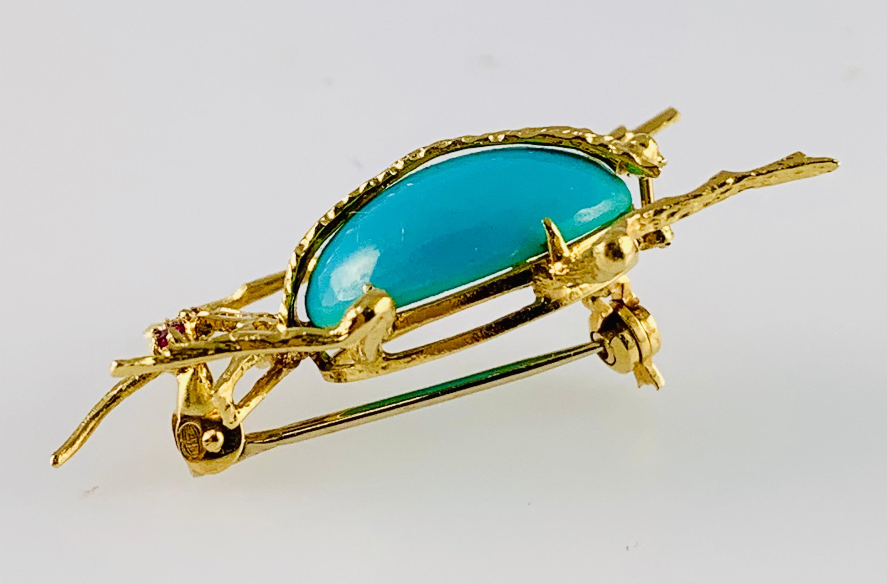 Vintage 18 Karat Yellow Gold Ruby and Turquoise Beetle Brooch or Pin 2