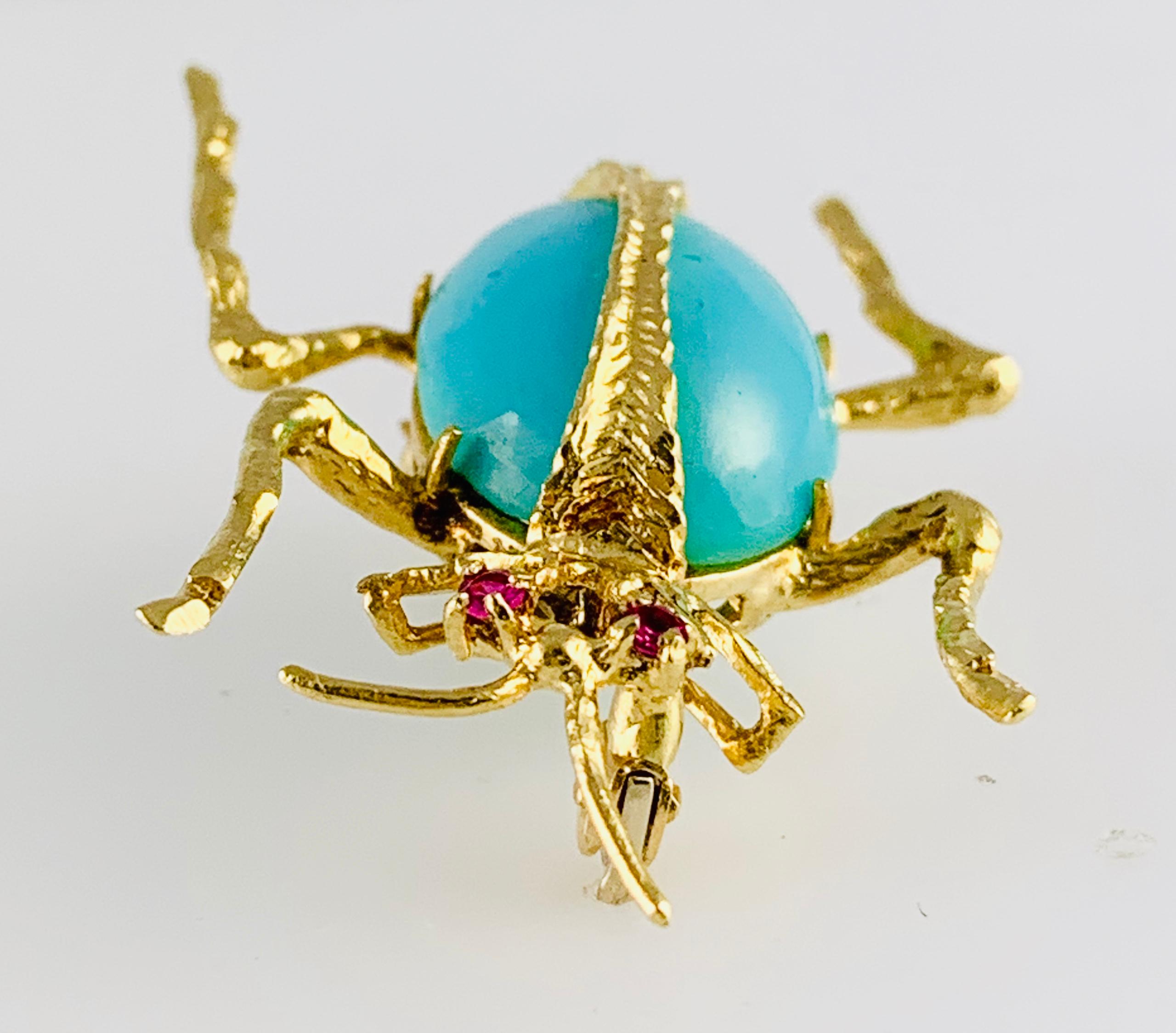 Vintage 18 Karat Yellow Gold Ruby and Turquoise Beetle Brooch or Pin 3
