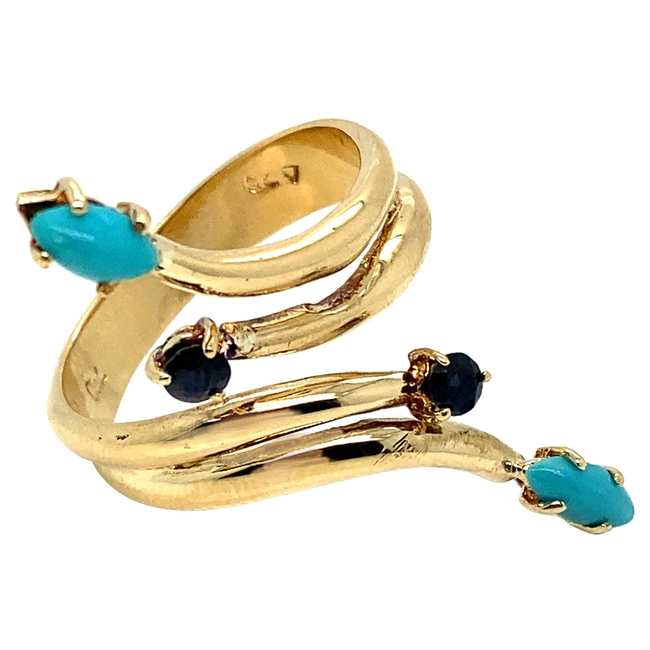 Bague vintage en or jaune 18K en forme de S avec turquoise et saphir