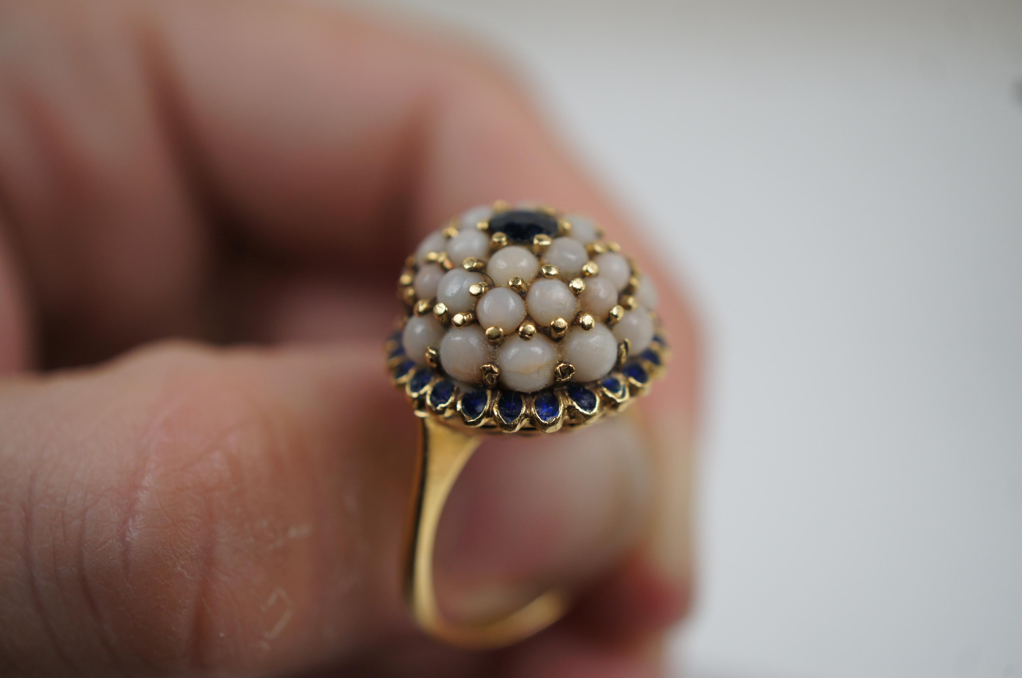 Vintage 18K Yellow Gold Saphhire Pearl Dome Cluster Cocktail Ring Size 6.25 For Sale 8