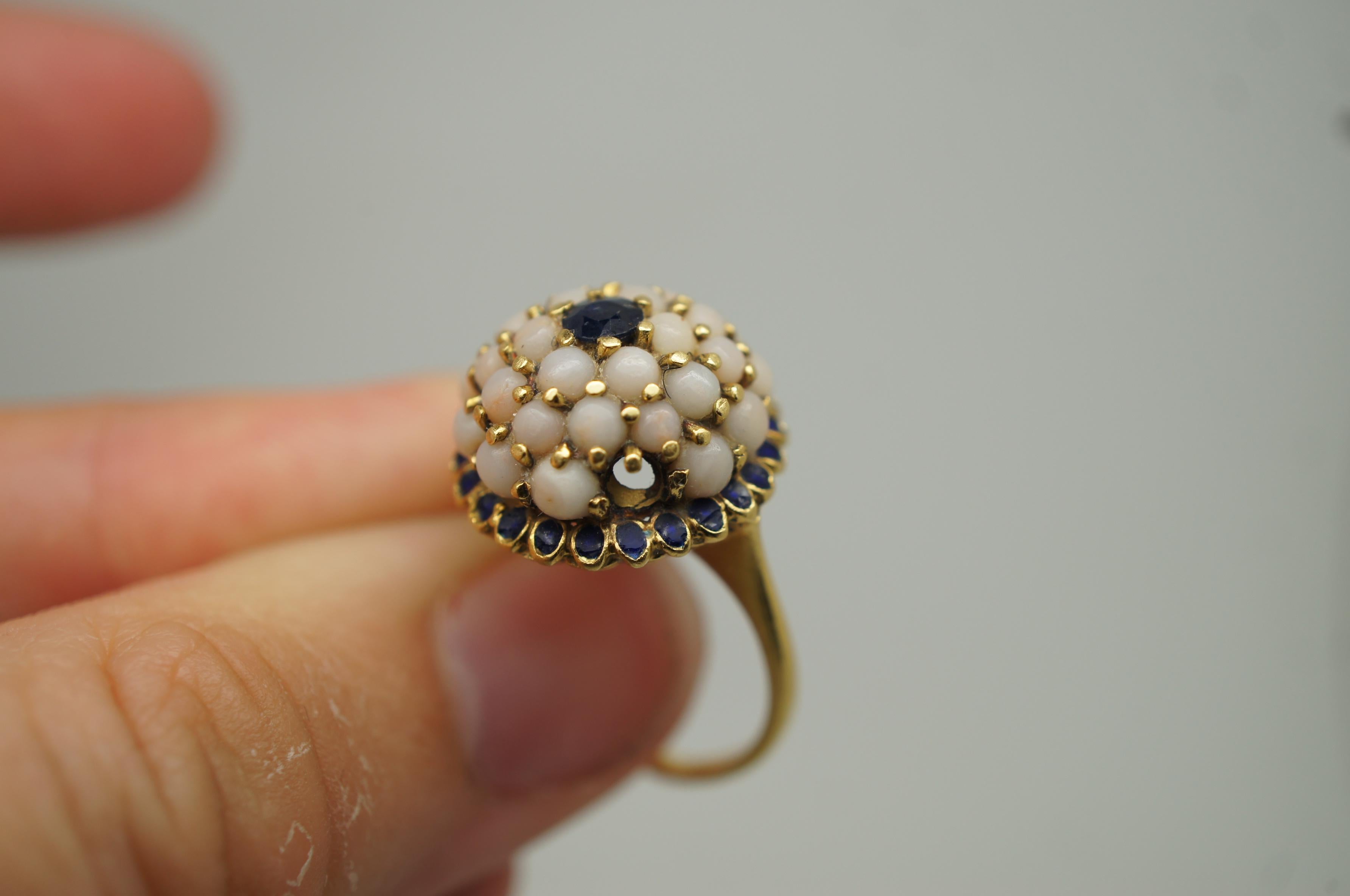 Vintage 18K Yellow Gold Saphhire Pearl Dome Cluster Cocktail Ring Size 6.25 For Sale 3