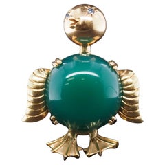 Vintage 18k Yellow Gold Sapphire and Chrysoprase Duck Brooch