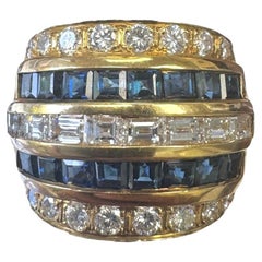 Anello a fascia bombato in oro giallo 18 carati con zaffiro e diamante vintage