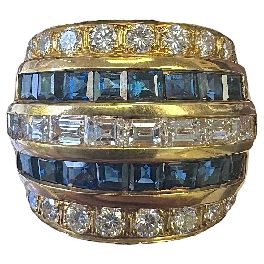 Vintage 18K Yellow Gold Sapphire and Diamond Domed Band Ring