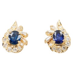 Vintage 18k Yellow Gold Sapphire And Diamond Earrings