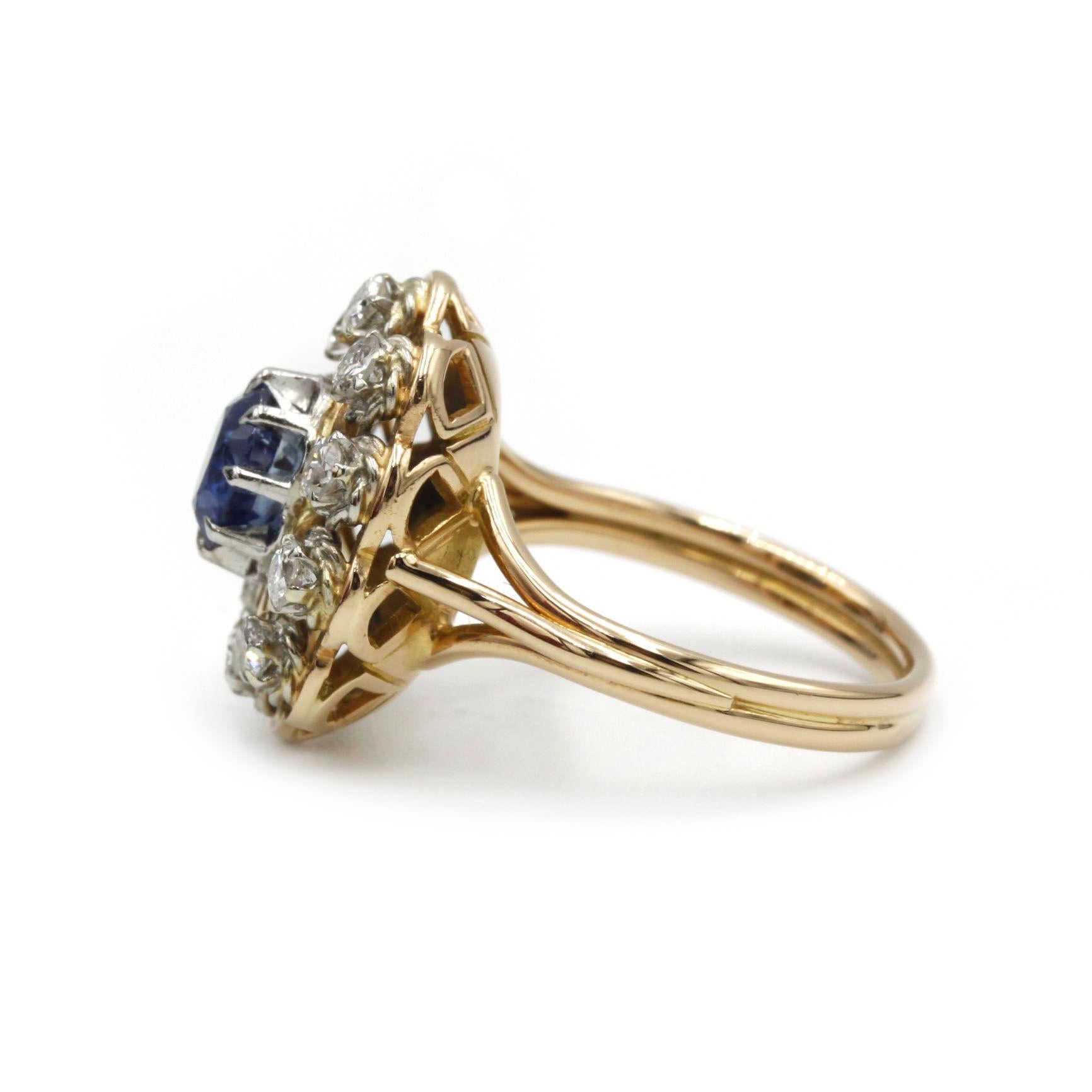 Post-War Vintage 18K Yellow Gold Sapphire and Old Mine Cut Diamond Cluster Ring For Sale