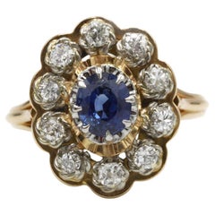 Vintage 18K Yellow Gold Sapphire and Old Mine Cut Diamond Cluster Ring