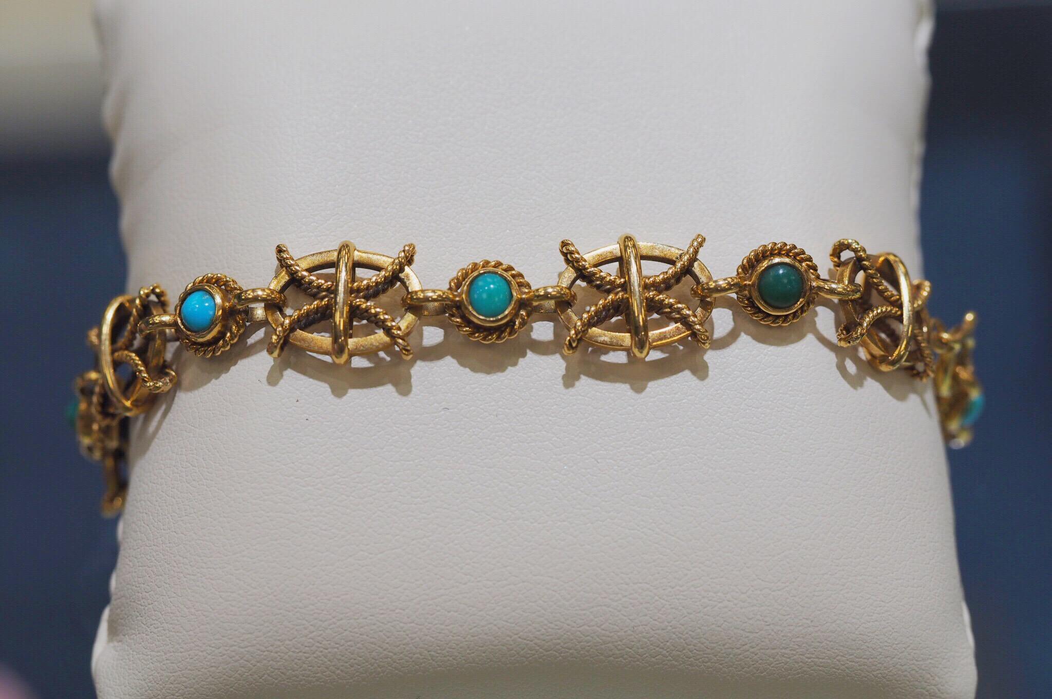 Retro Vintage 18 Karat Yellow Gold Sapphire and Turquoise Mariner Bracelet