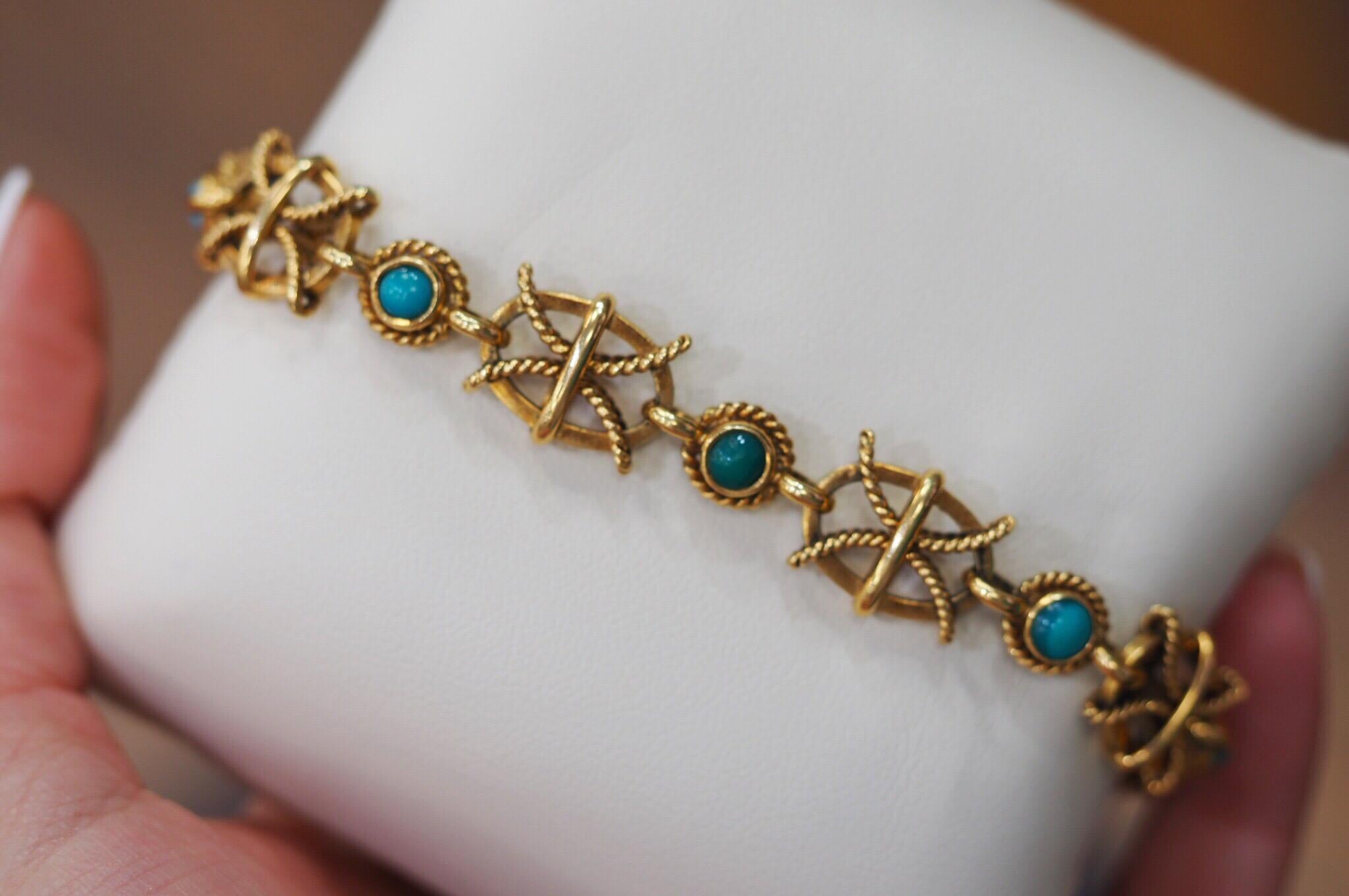 Vintage 18 Karat Yellow Gold Sapphire and Turquoise Mariner Bracelet In Good Condition In Addison, TX