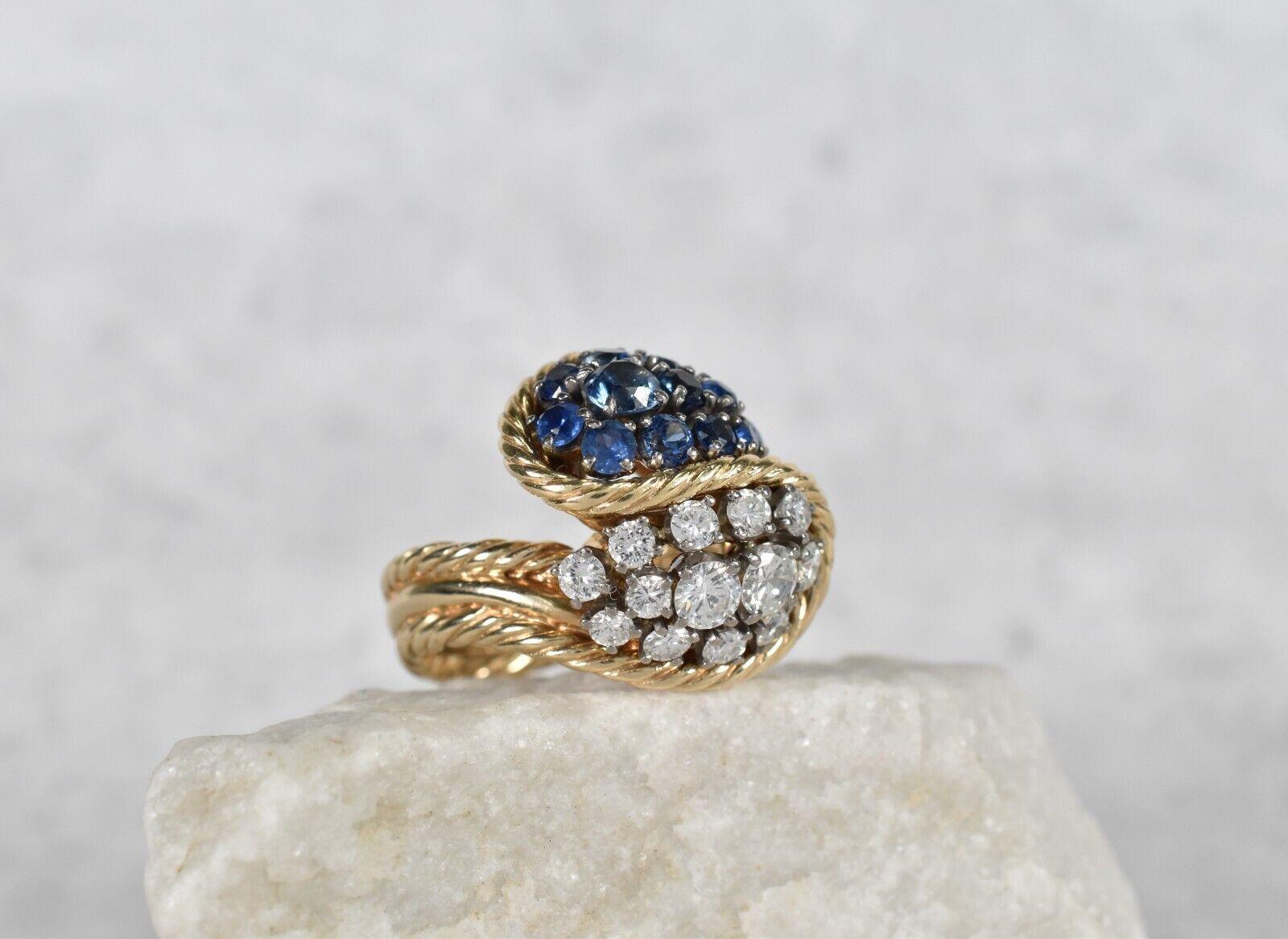 Round Cut Vintage 18k Yellow Gold Sapphire & Diamond Cocktail Ring, Size 6.75 - 14.5g For Sale