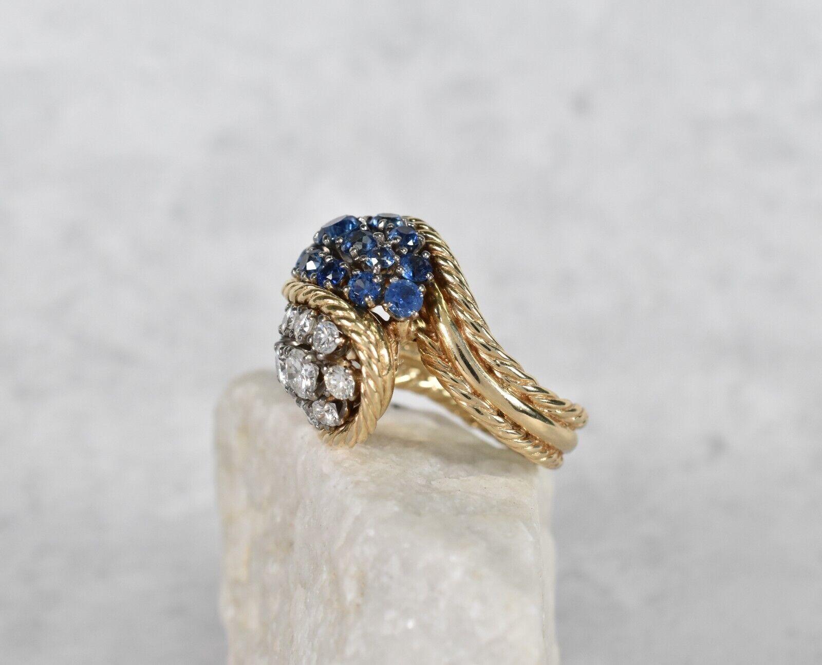 Women's or Men's Vintage 18k Yellow Gold Sapphire & Diamond Cocktail Ring, Size 6.75 - 14.5g For Sale