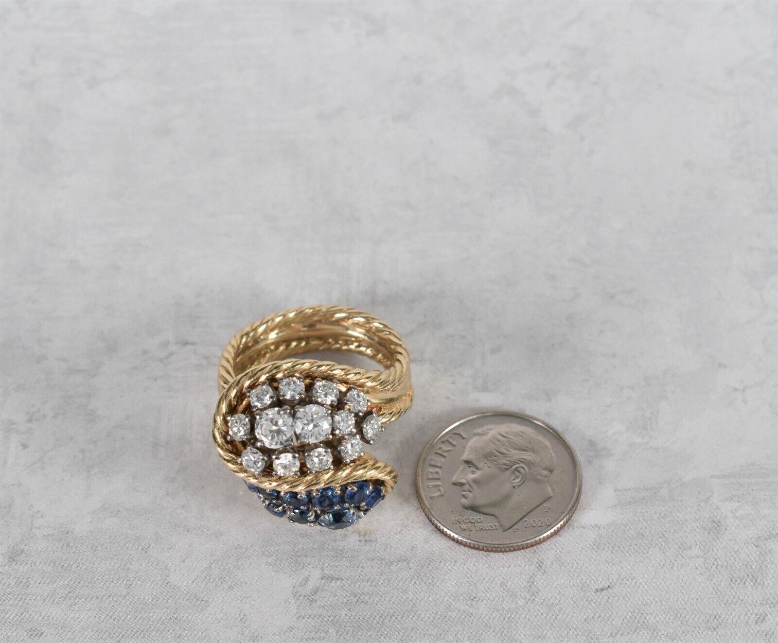 Vintage 18k Yellow Gold Sapphire & Diamond Cocktail Ring, Size 6.75 - 14.5g For Sale 1