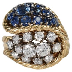 Vintage 18k Yellow Gold Sapphire & Diamond Cocktail Ring, Size 6.75 - 14.5g