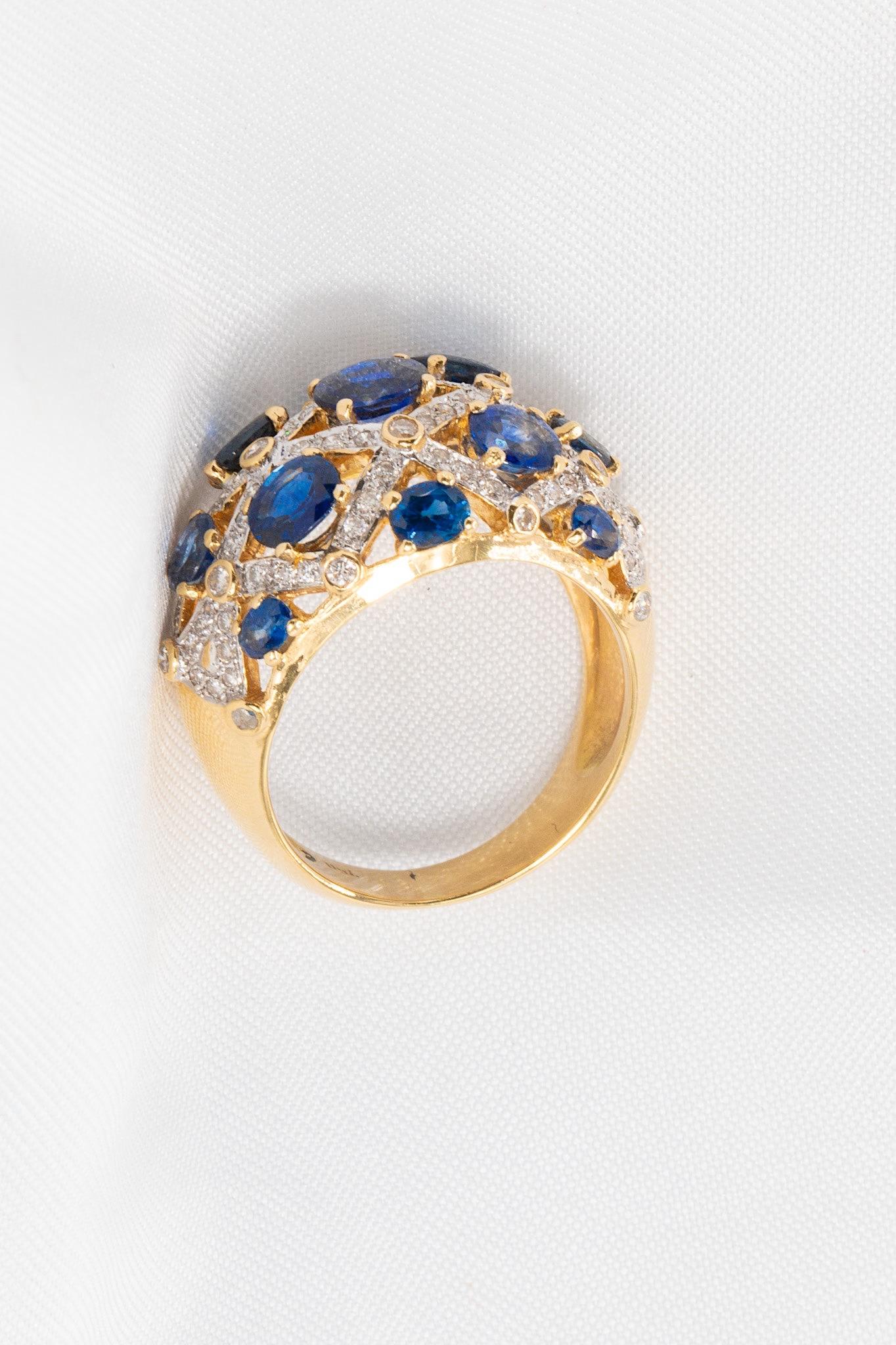 Vintage 18k Gelbgold Saphir & Diamant Dome Ring im Zustand „Gut“ im Angebot in Houston, TX