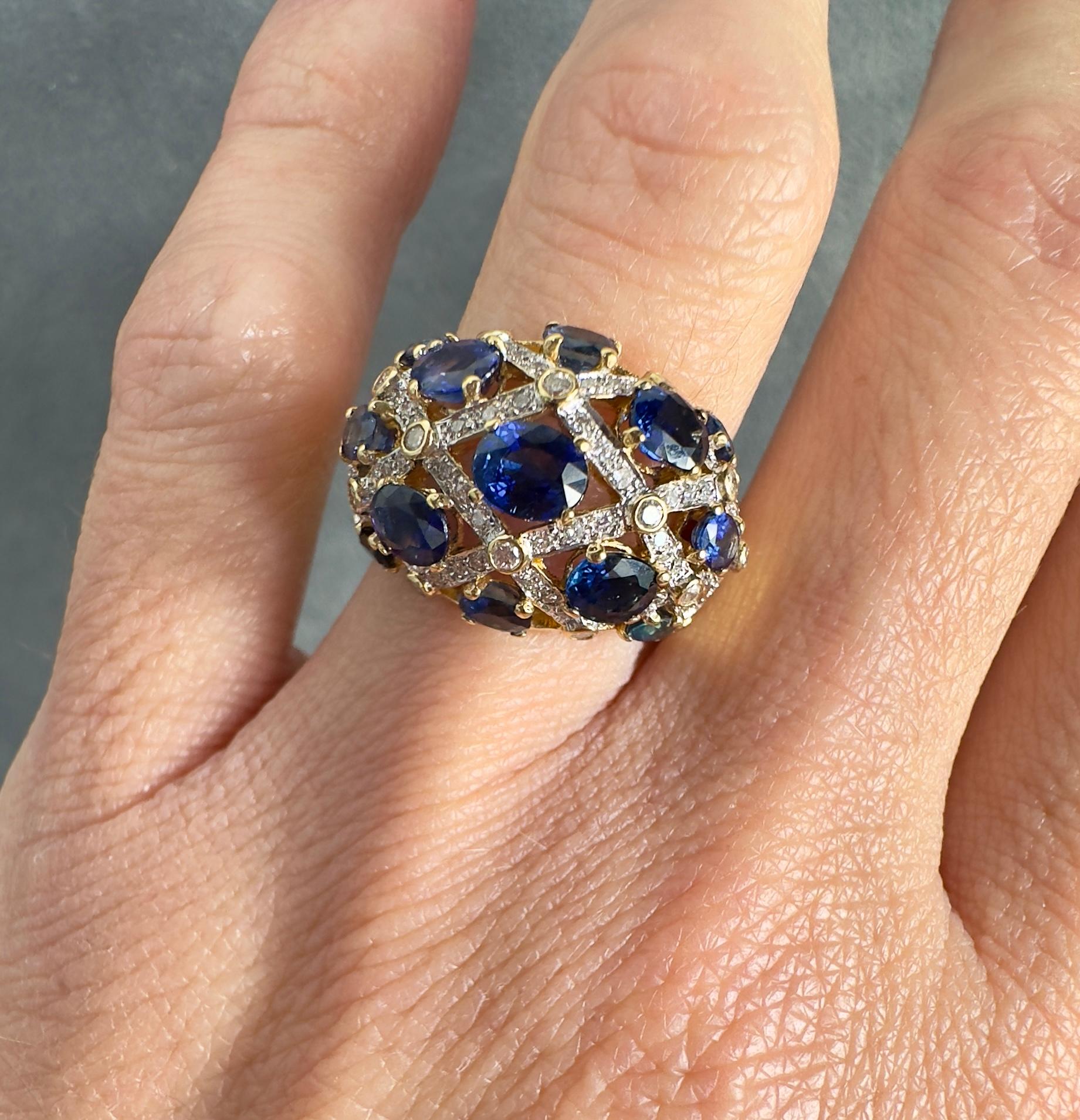 Vintage 18k Gelbgold Saphir & Diamant Dome Ring Damen im Angebot