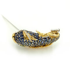 Vintage 18K Yellow Gold Sapphire Diamond Emerald Fish Fur Clip Brooch