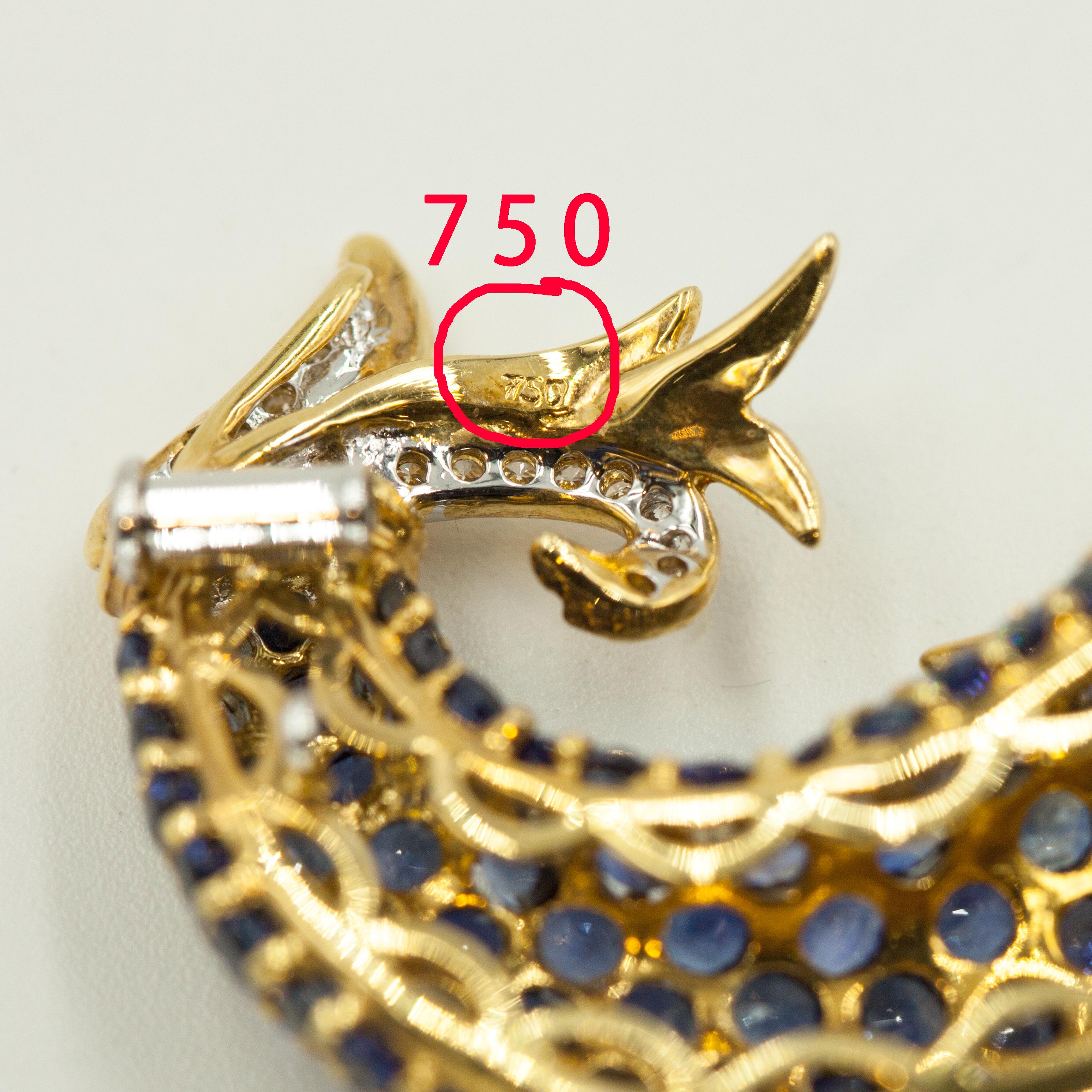 Vintage 18K Yellow Gold Sapphire Diamond Emerald Fish Fur Clip Brooch For Sale 2