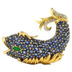 Vintage 18K Yellow Gold Sapphire Diamond Emerald Fish Fur Clip Brooch