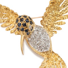 Vintage 18K Yellow Gold Sapphire Diamond Textured Wings Hummingbird PIN Brooch