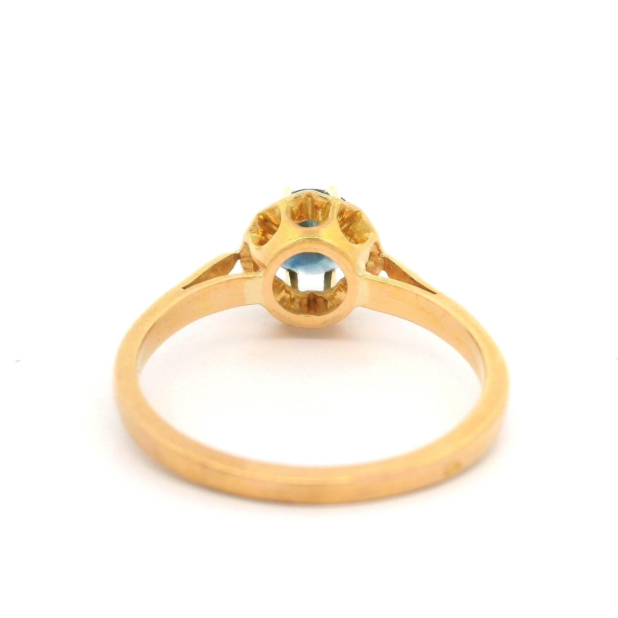 –Stone(s)–
(1) Natural Genuine Sapphire - Old Mine Cut - Illusion Prong Set - Deep Blue Color  - 5.6mm (approx.)

Material: 18k Yellow Gold
Weight: 2.82 Grams
Ring Size: 6.5 ( fitted on finger, please contact us prior to purchase with sizing