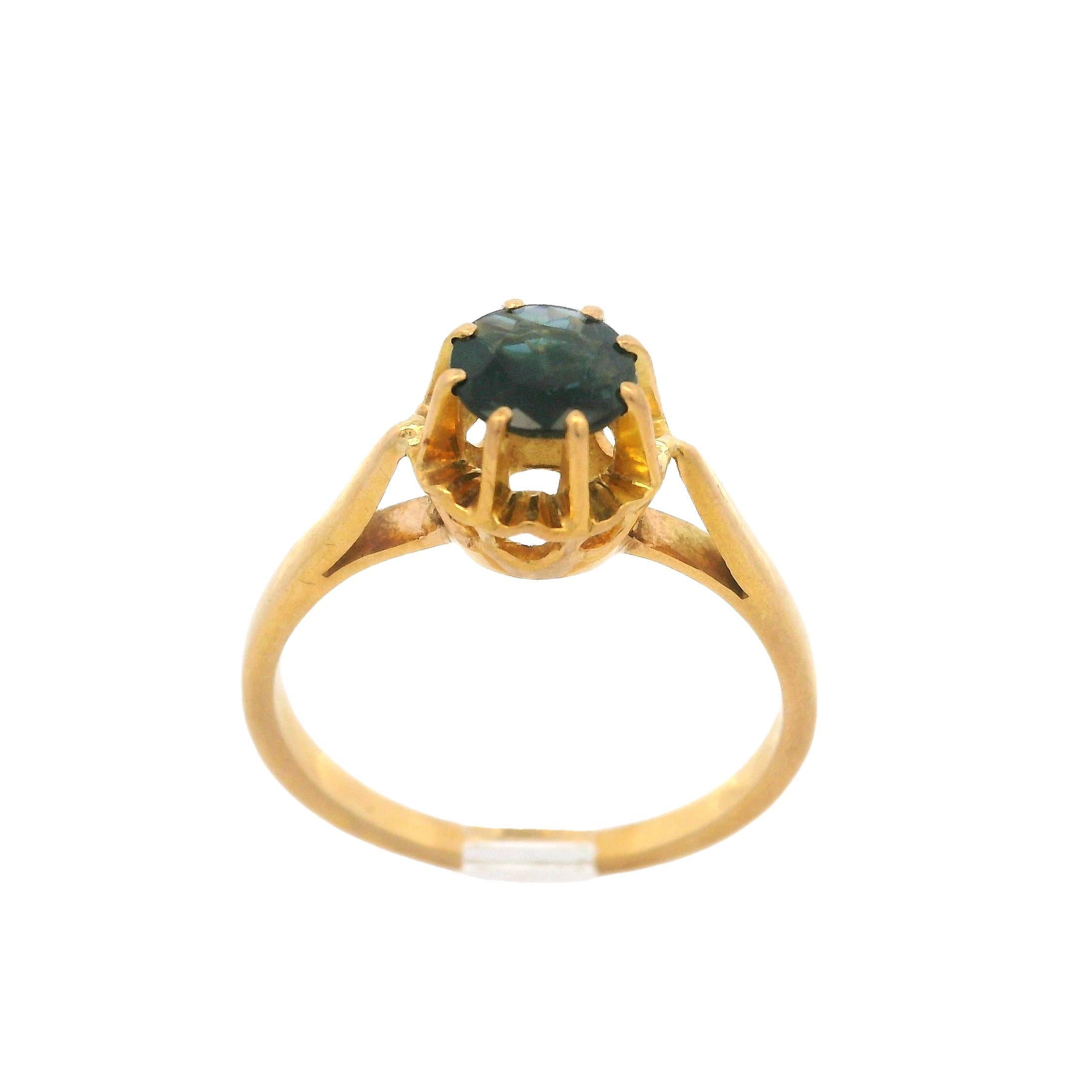 Old Mine Cut Vintage 18k Yellow Gold Sapphire French Hallmark Eagle Solitaire Ring For Sale
