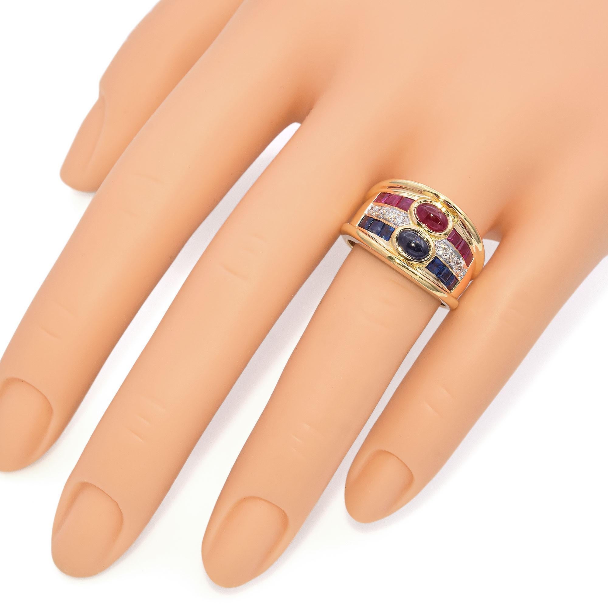 Cabochon Vintage 18k Yellow Gold Sapphire, Ruby and Diamond Ring For Sale
