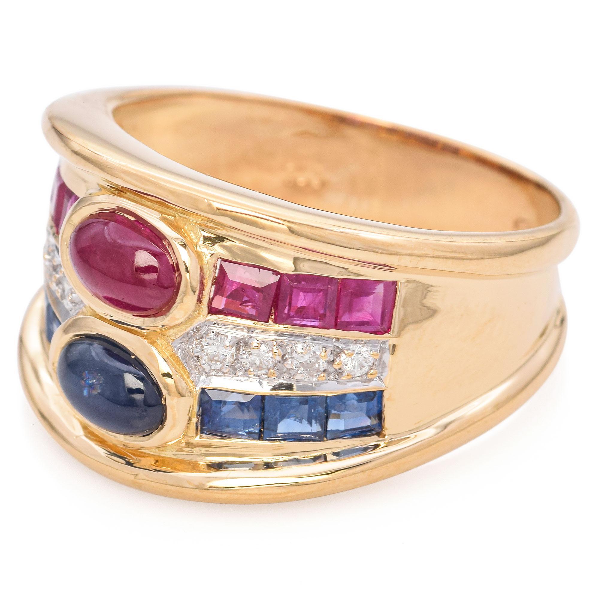 Vintage 18k Yellow Gold Sapphire, Ruby and Diamond Ring In Good Condition For Sale In New York, NY