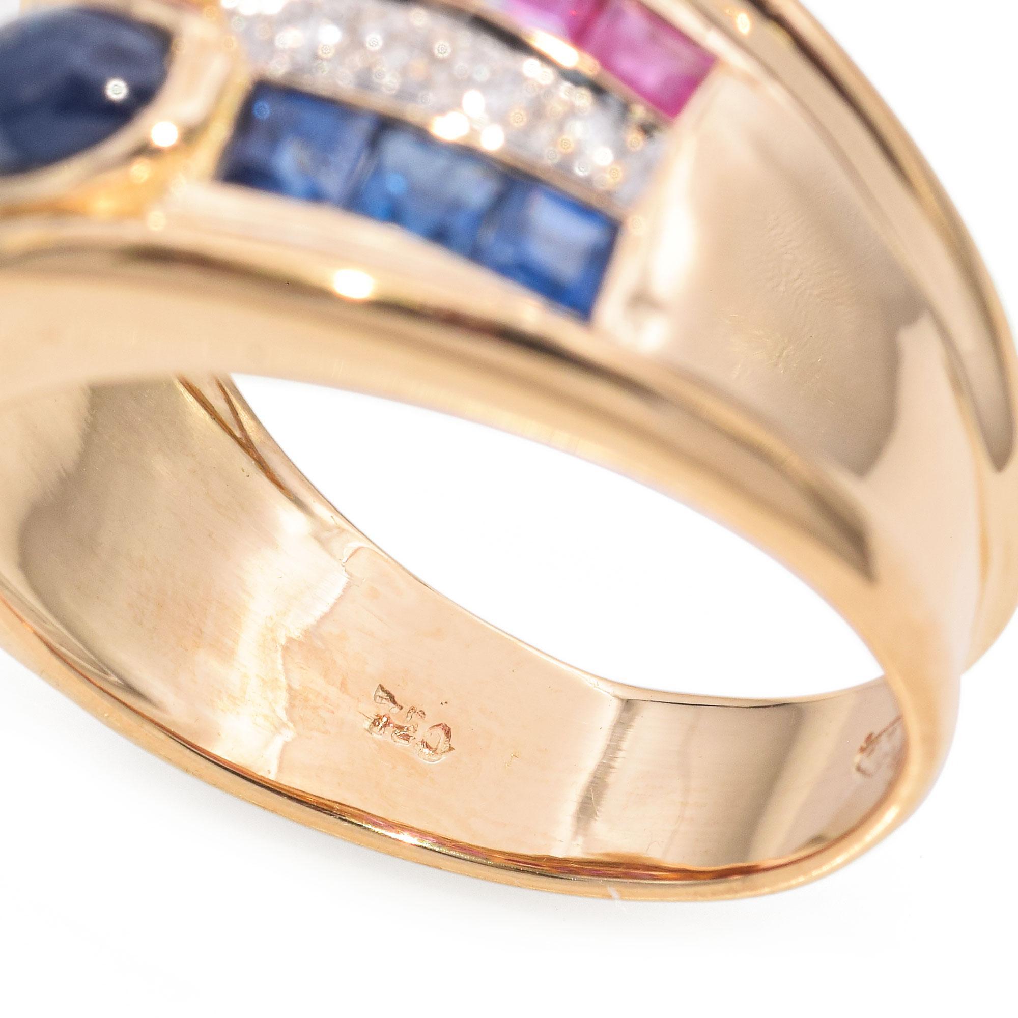 Vintage 18k Yellow Gold Sapphire, Ruby and Diamond Ring For Sale 2