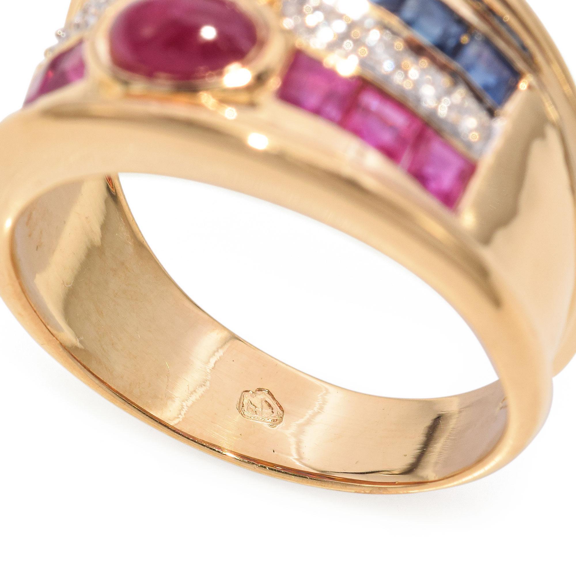 Vintage 18k Yellow Gold Sapphire, Ruby and Diamond Ring For Sale 3