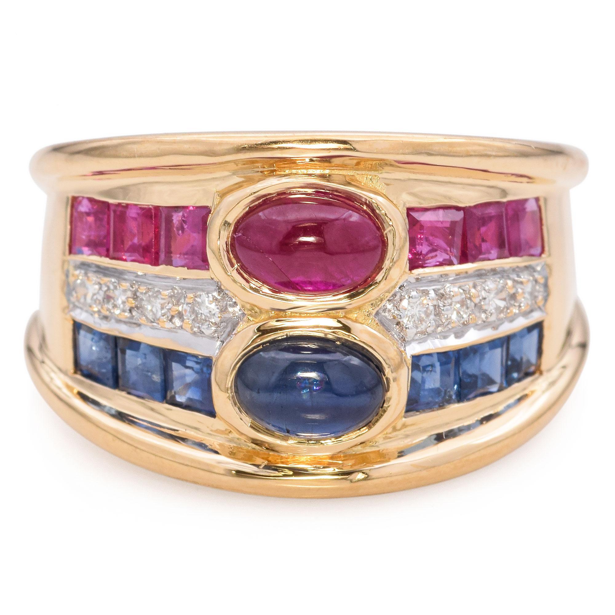 Vintage 18k Yellow Gold Sapphire, Ruby and Diamond Ring