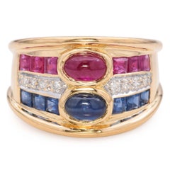 Vintage 18k Yellow Gold Sapphire, Ruby and Diamond Ring