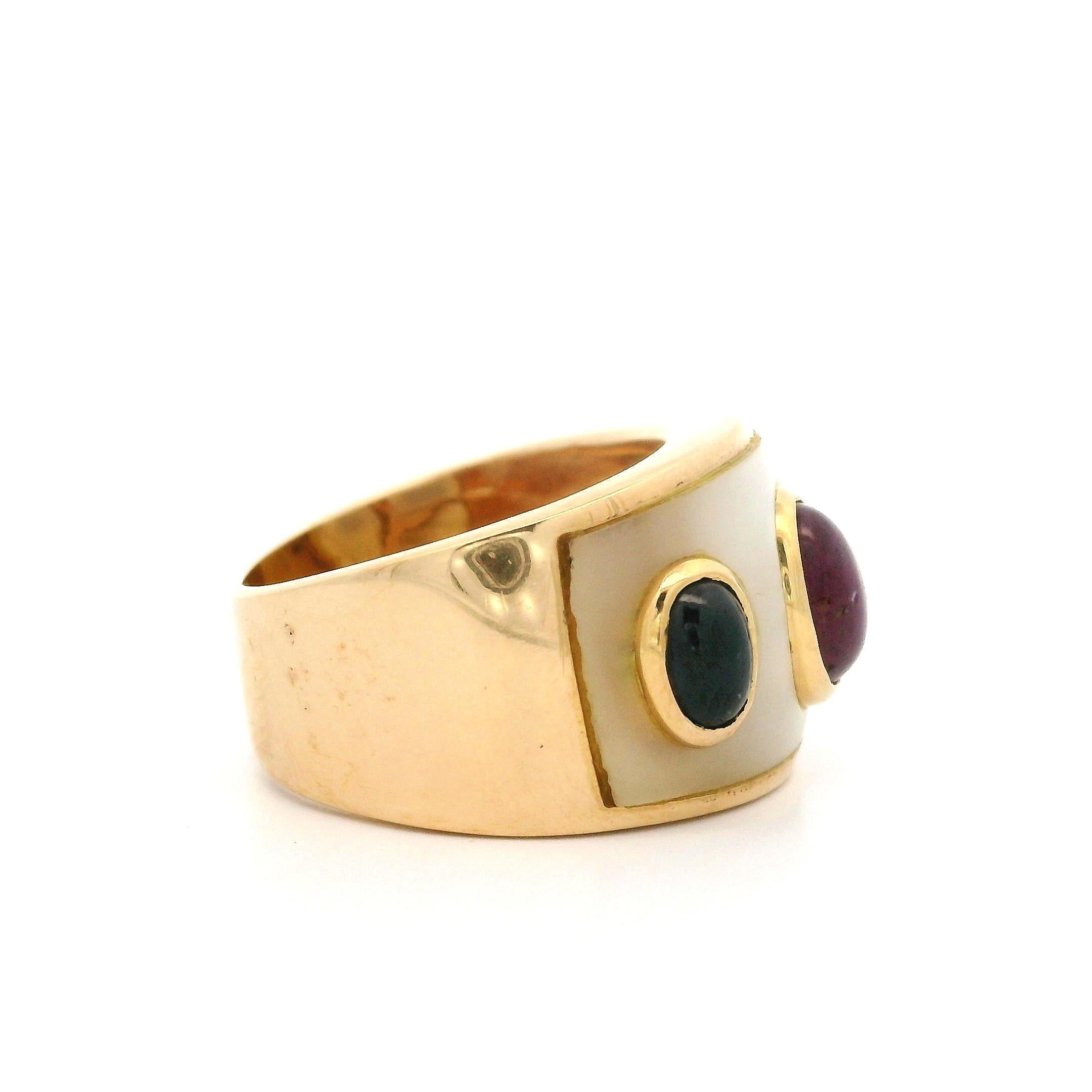 Cabochon Vintage 18k Yellow Gold Sapphire & Ruby Mother of Pearl Wide Cigar Band Ring For Sale