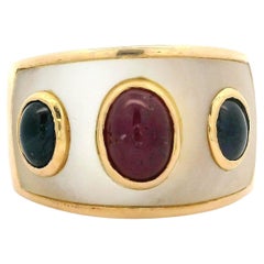 Vintage 18k Yellow Gold Sapphire & Ruby Mother of Pearl Wide Cigar Band Ring