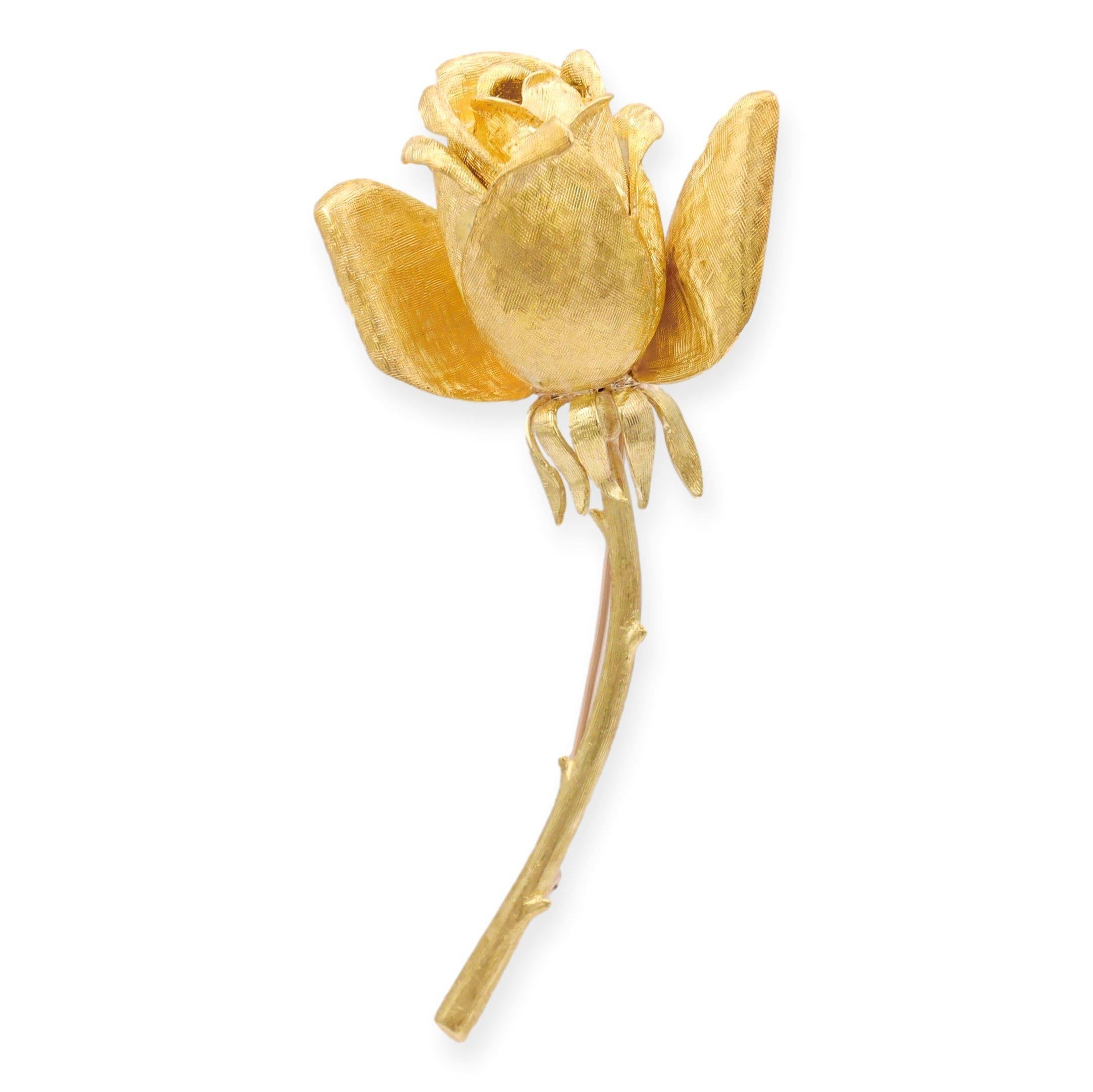 Women's Vintage 18K Yellow Gold Satin Rose Motif Pin Brooch For Sale