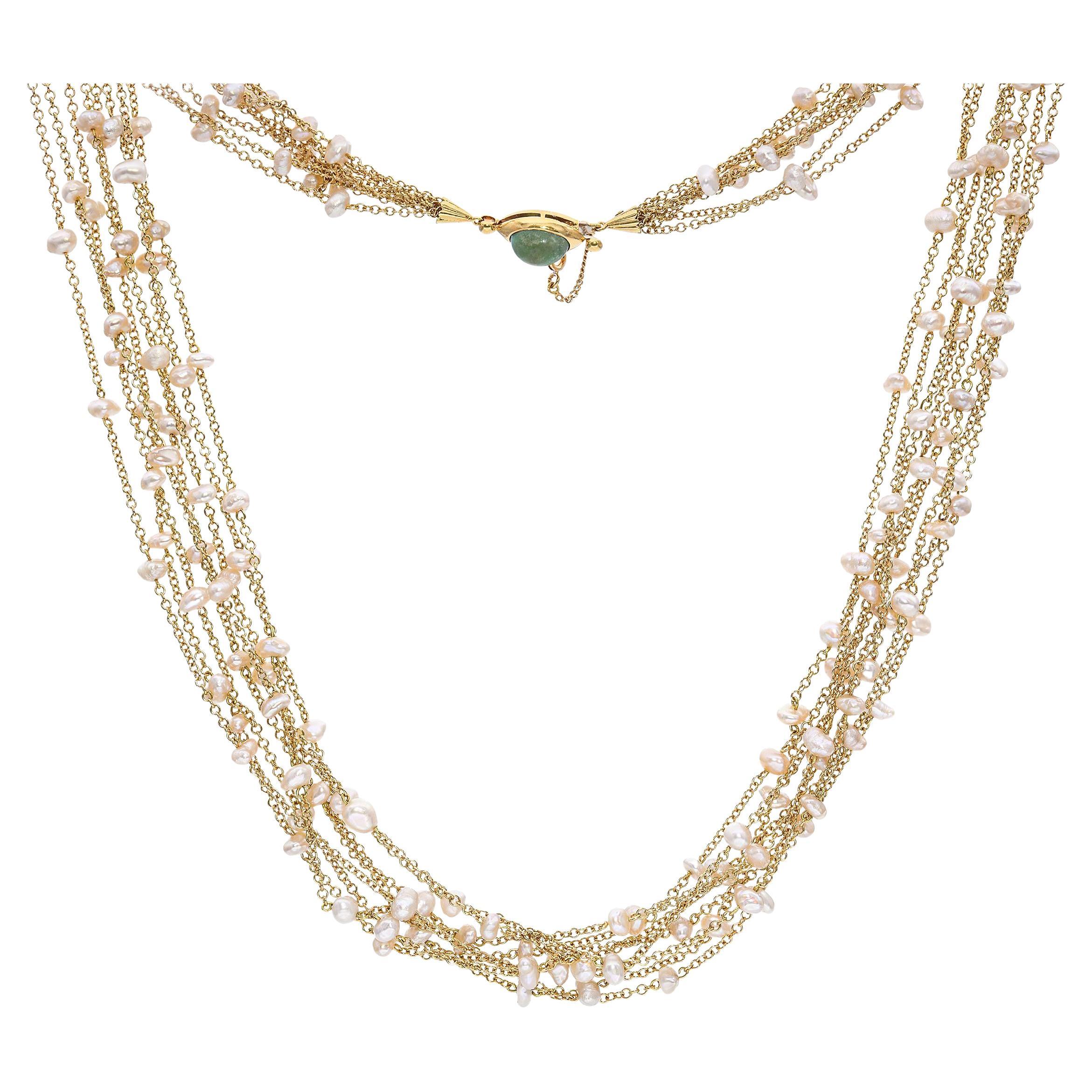 Collana a più fili in oro giallo 18k con perle e turchesi d'epoca in vendita