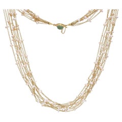 Vintage 18k Yellow Gold Seed Pearl and Turquoise Multi Strand Necklace