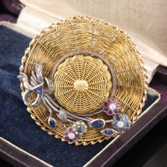 Vintage 18 Karat Yellow Gold and Silver Garden Party Hat Brooch
