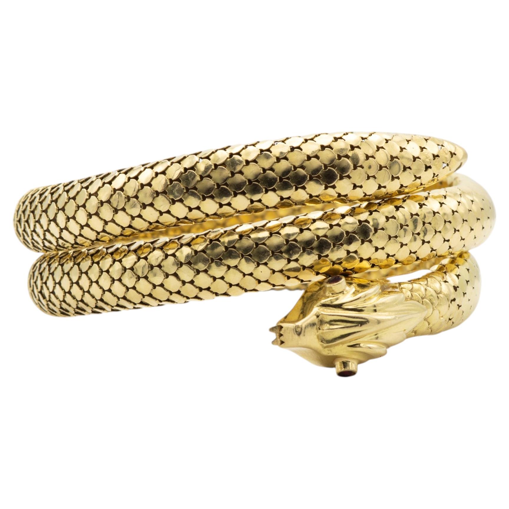 Vintage 18K Yellow Gold Snake Bracelet with Red Stones, Circa 1980