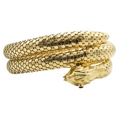 Vintage 18K Yellow Gold Snake Bracelet with Red Stones, Circa 1980