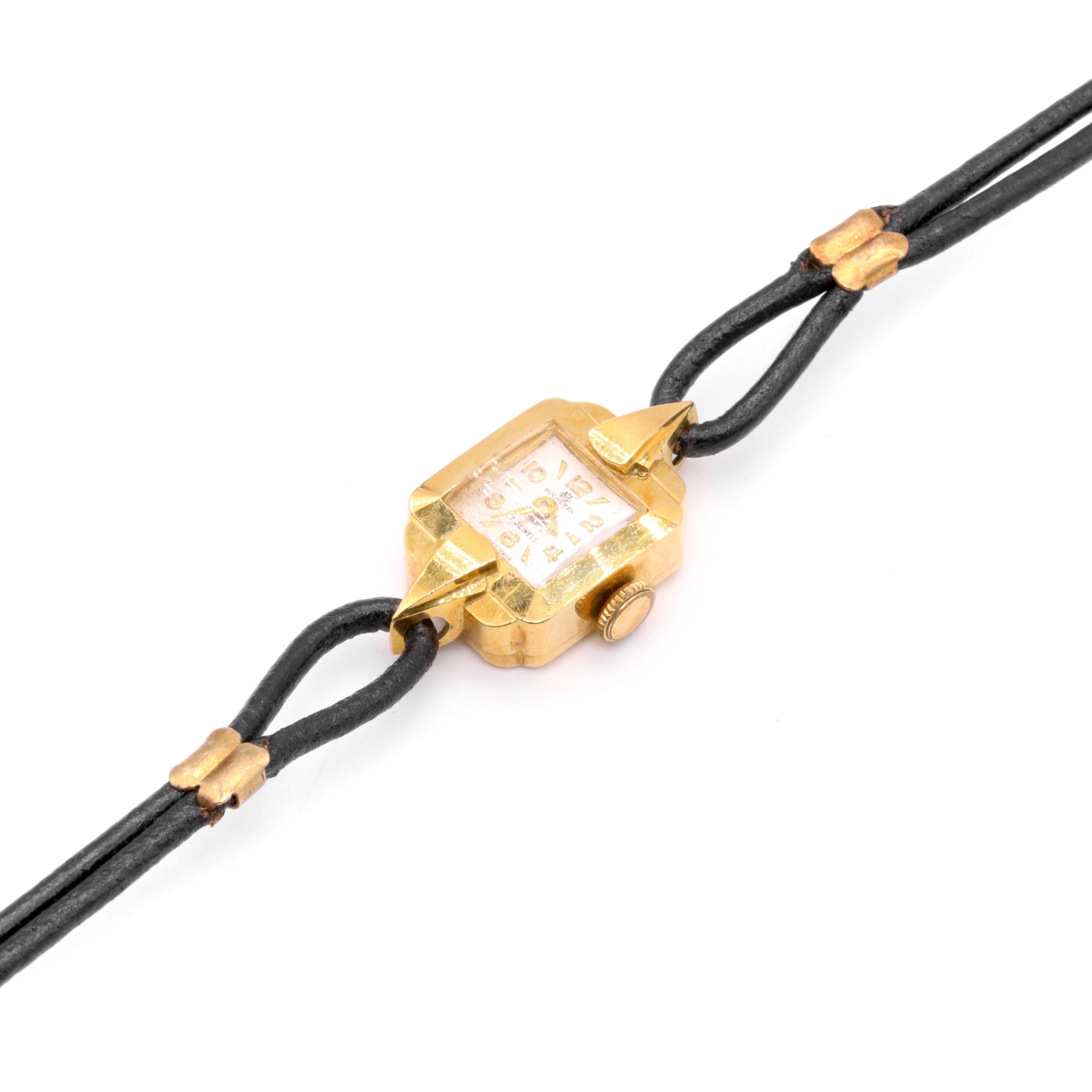Vintage 18K Yellow Gold Square Bucherer Swiss Watch with White Face In Good Condition In Staines-Upon-Thames, GB